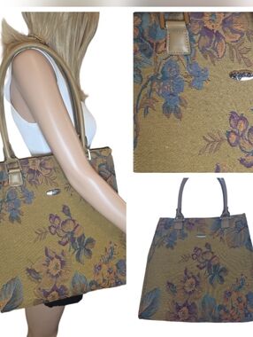 Vintage Pegasus Floral Tapestry Tote Bag - Earthy Tones & Vegan Leather Handles